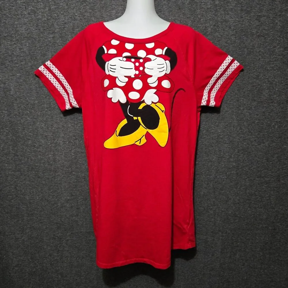 Disney Parks Minnie Mouse Sleep Shirt Womens XL XXL Red Coffee Dress Polka Dot - Picture 1 of 10